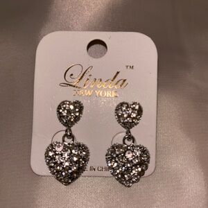 NWT Silver Double Heart Crystal Dangle Earrings